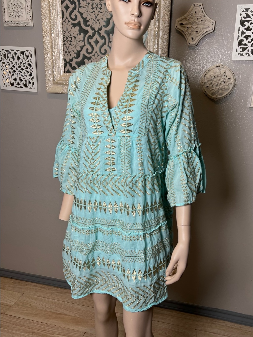Boston Proper Light Aqua dress with Gold Metallic Embellishment - Picture 9 of 14